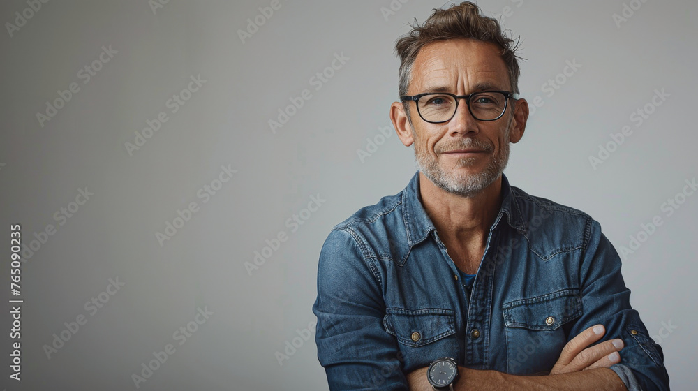 Obraz premium Confident middle-aged man in denim with glasses, smiling with arms crossed on a grey backdrop.