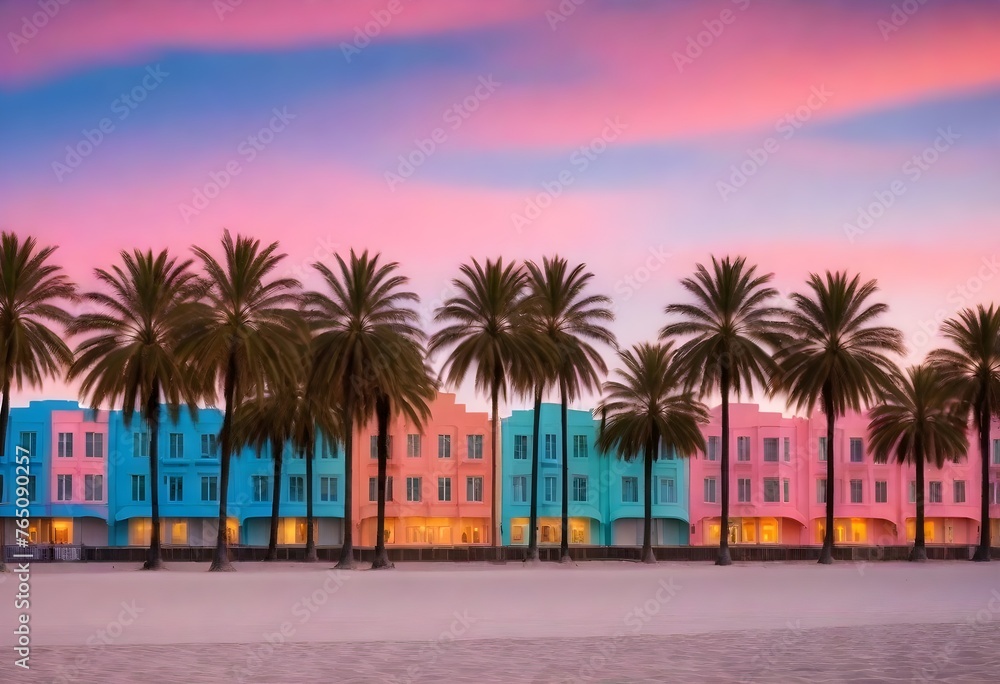 Row of colorful buildings with palm trees in front during sunset