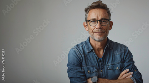 Confident middle-aged man in denim with glasses, smiling with arms crossed on a grey backdrop. © Kowit