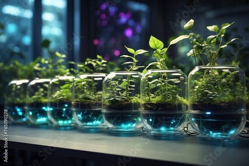 Row of glass planters with growing plants, ecological laboratory