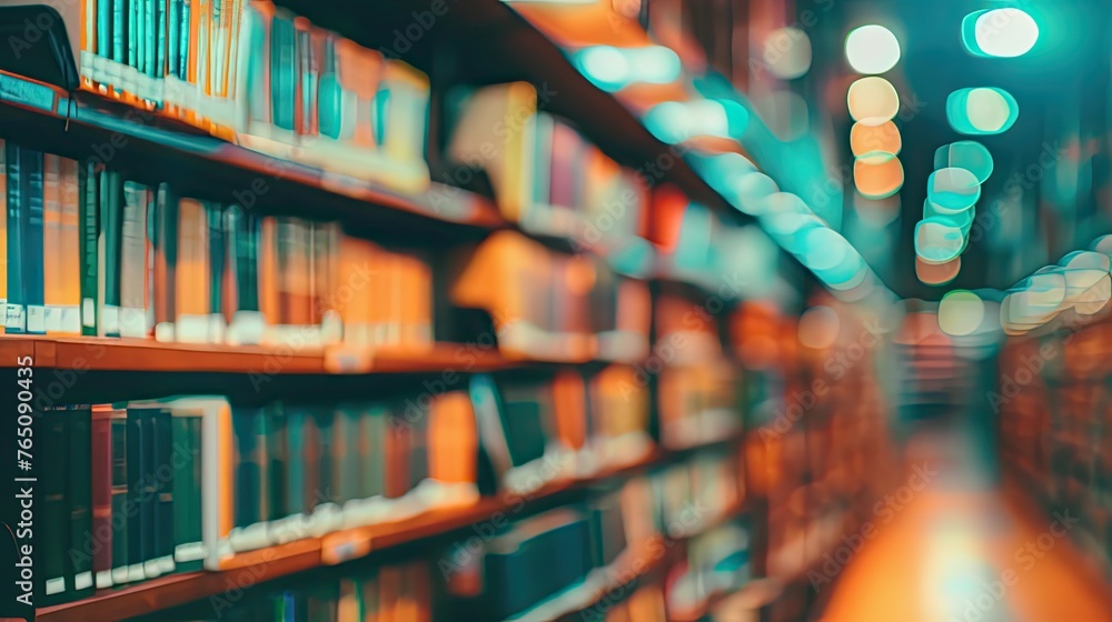 Obraz premium Blurred background of books and bookshelves in library hallway