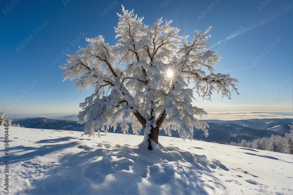 Snow-covered trees after a snowstorm against a bright blue sky, bright sun