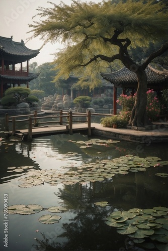 Flowers, ancient Chinese architecture, lush plants and lanterns