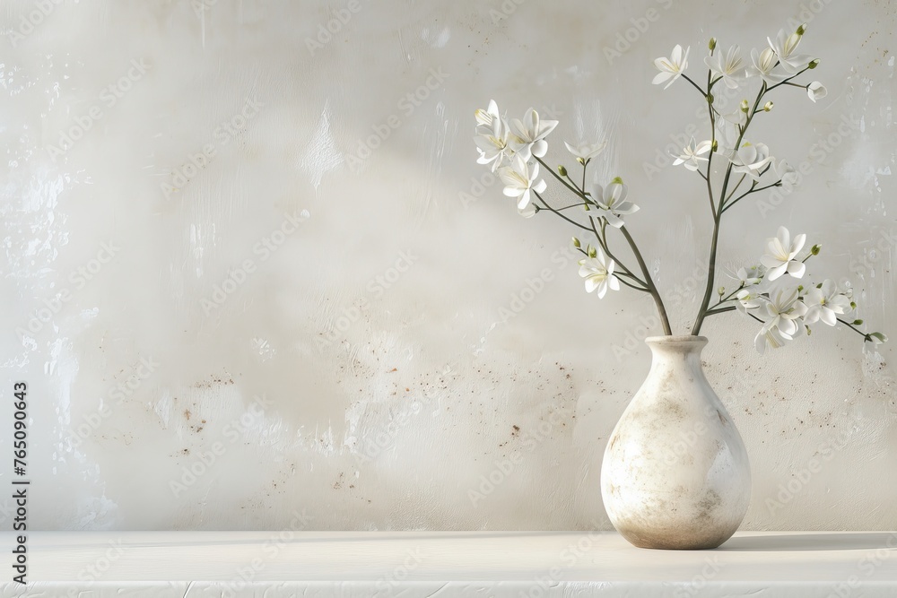 White flowers in a vase on a calm light background to showcase the product. Elegant home decoration.