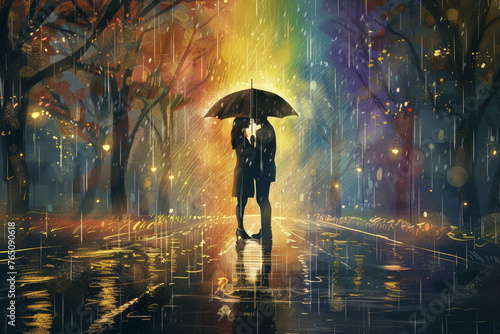 A couple kissing under an umbrella in a rainy day with a rainbow