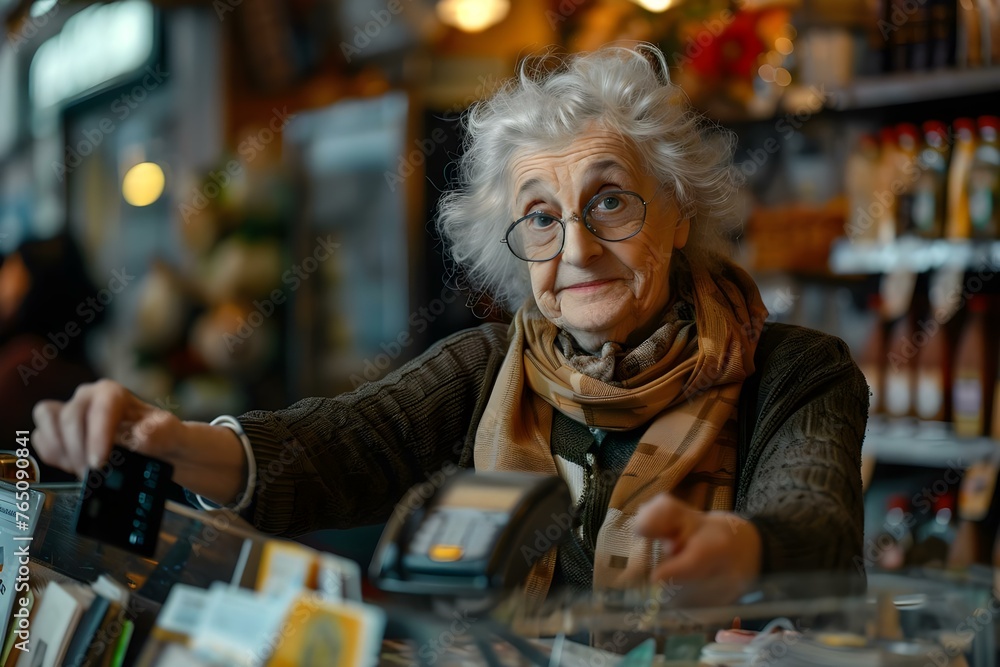 Joyful senior woman using a credit card to make a purchase in a store. Concept Senior woman shopping, Credit card purchase, Retail therapy, Joyful spending