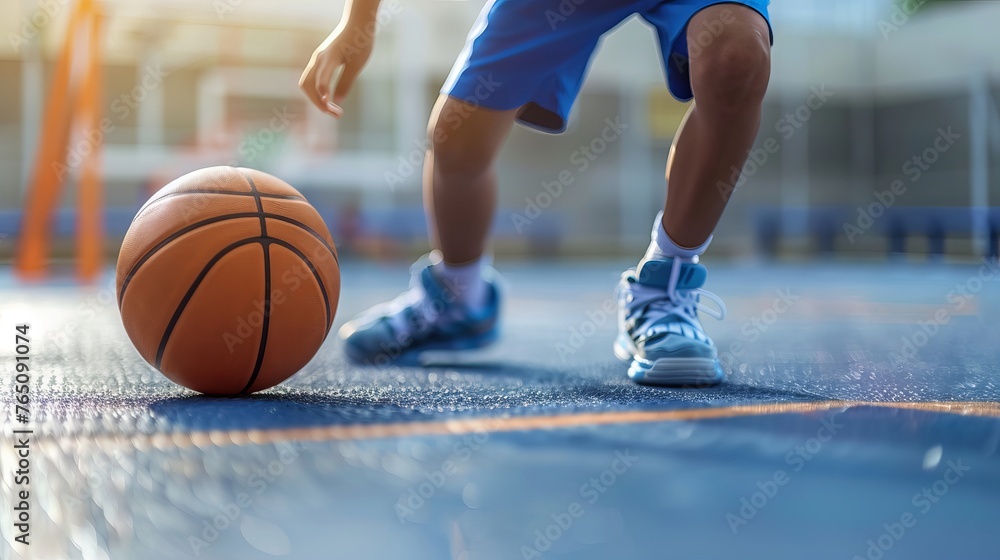 Naklejka premium A young basketball player is practicing dribbling with a traditional basketball during a training session for youth at a school sports class.