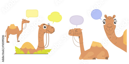 camel cartoon with speech bubble, happy cute camel comical design.
