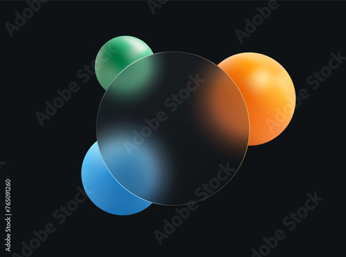 Glass morphism concept with 3D colored spheres. Frosted glass effect. Illustration on a black background.