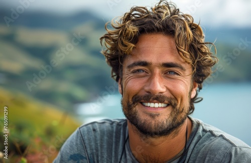 attractive man with curly hair and stubble, wearing casual clothes in an outdoor setting © FrankBoston