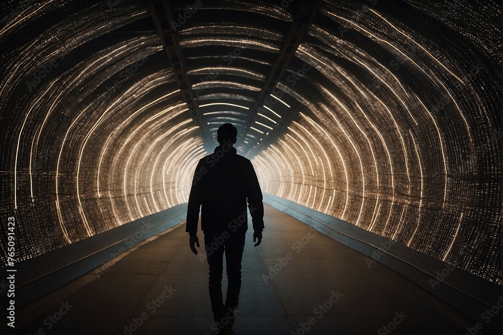 Silhouette of a person walking through a tunnel with glowing lights