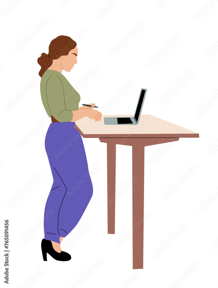 Young business woman working at modern ergonomic workplace vector flat illustration isolated. Pretty girl in smart casual office outfit standing behind innovative furniture, desk with laptop. 