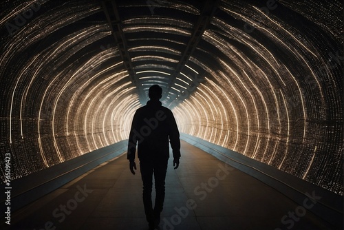 Silhouette of a person walking through a tunnel with glowing lights