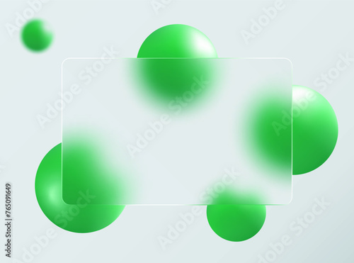 Template in glass morphism style. Frosted glass screen with blurry floating green spheres. photo