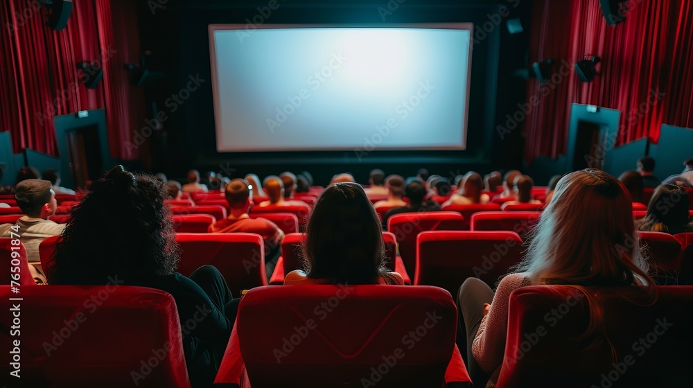 Wide movie screen with people sitting in red chairs in a darkened theater. Silhouettes of people watching the movie.