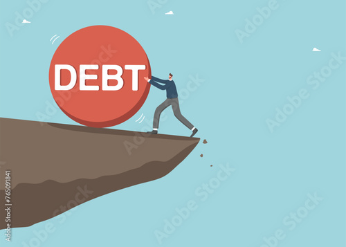 Financial difficulties, debt or credit obligations, payment of interest payments on bank loans, investment risks, borrowing and loss money, business failure, a man stops a debt ball on a cliff.