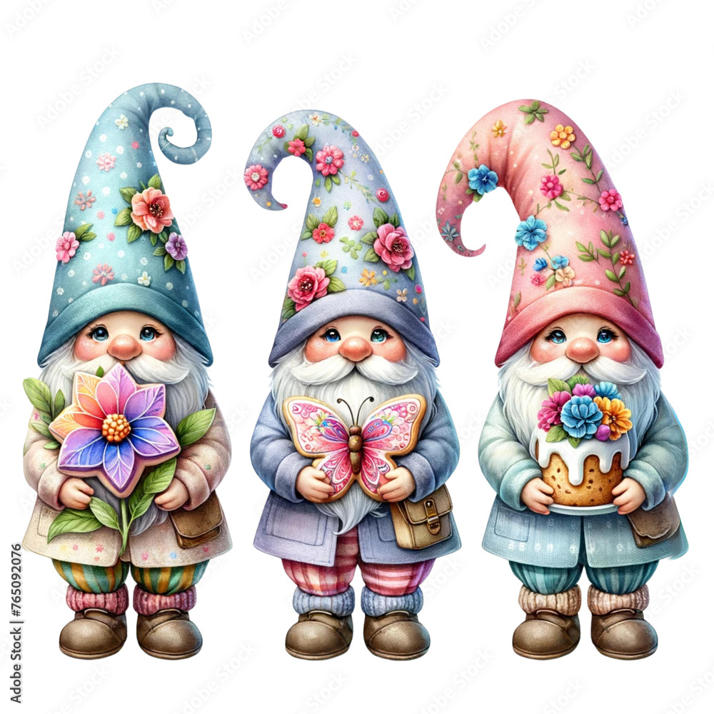 Gnome triple holding different things, gnomes unique 
charming watercolor Clipart Gnome Triple