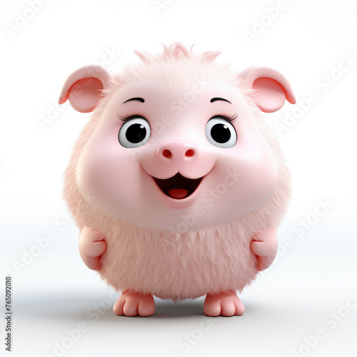 A cute cartoon pig with a big smile on its face. The pig is pink and fluffy  and it looks happy and content