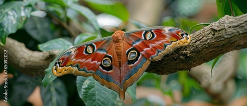  A high-resolution image of a butterfly perched on a tree branch, surrounded by lush foliage