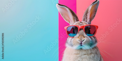 Cool bunny with sunglasses on a colorful background happy Easter card.