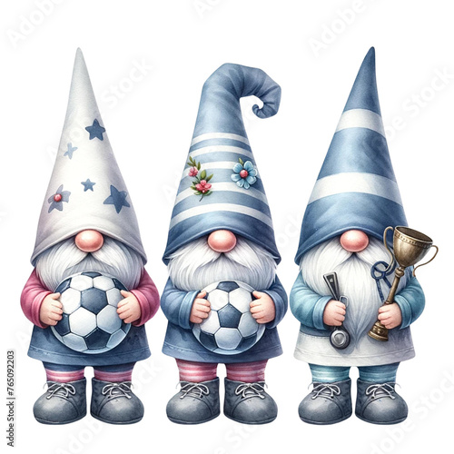 Gnome triple holding different things, gnomes unique charming watercolor Clipart Gnome Triple