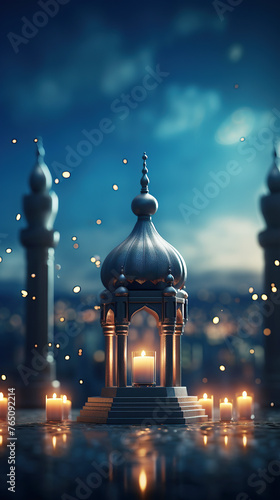 generated illustration of Ramadan Kareem background with arabic lanterns and mosque