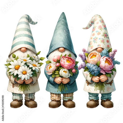 Gnome triple holding different things, gnomes unique 
charming watercolor Clipart Gnome Triple