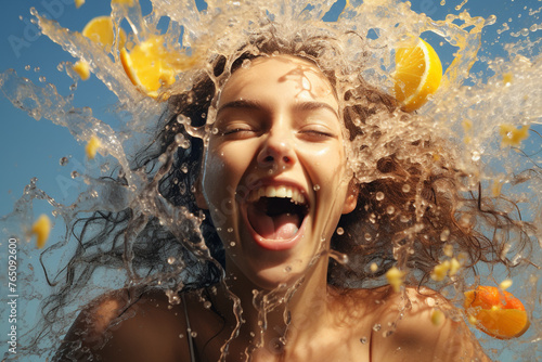 Fine art concept. Woman with excited face portrait in splash of colorful water background