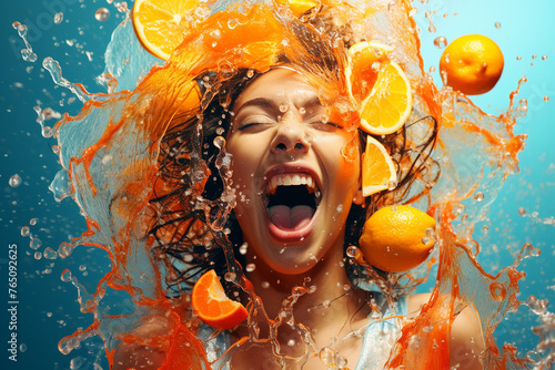 Fine art concept. Woman with excited face portrait in splash of colorful water with citrus fruits background