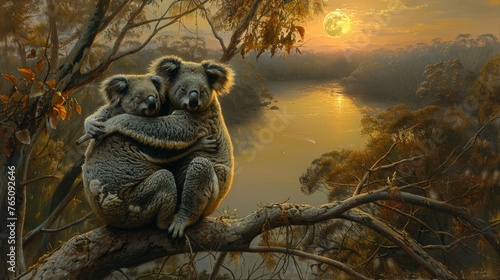  a painting of two koalas hugging each other on a tree branch in front of a body of water.
