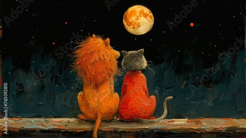  a painting of a cat and a lion sitting on a window sill looking at the moon in the sky.