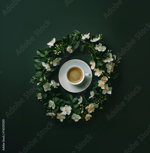coffee in a wreath of flowers  top view in a style of minimalistic elegance