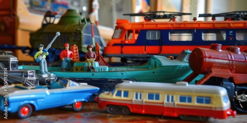 A collection of vintage toy cars and boats are neatly arranged on a table. The colorful vehicles and ships are in various sizes and styles, creating a playful scene.
