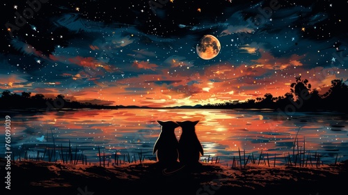  a painting of two penguins sitting on the shore of a lake at night with a full moon in the sky.
