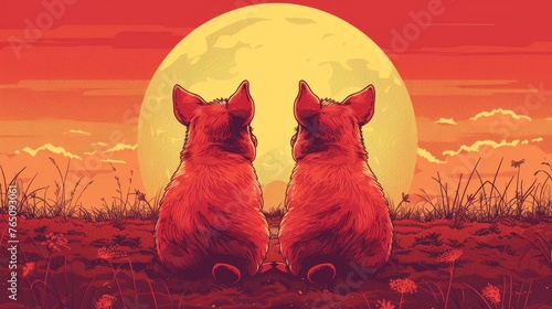  a couple of dogs sitting next to each other on top of a grass covered field in front of a full moon. photo