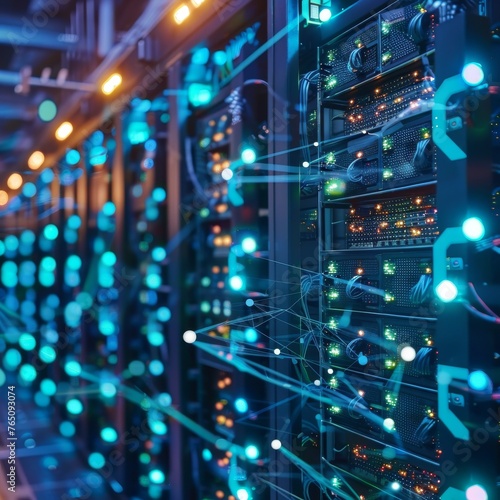 A close-up view of a server rack with blue lights in a modern data center, symbolizing network infrastructure and connectivity.