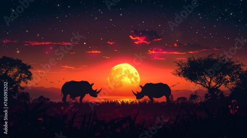  a couple of rhinos standing in front of a full moon with trees in the foreground and a red sky with stars in the background.