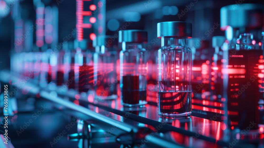 A row of vials with a red glow on them. The vials are lined up on a counter A row of vials with a red glow on them. The vials are lined up on a counter