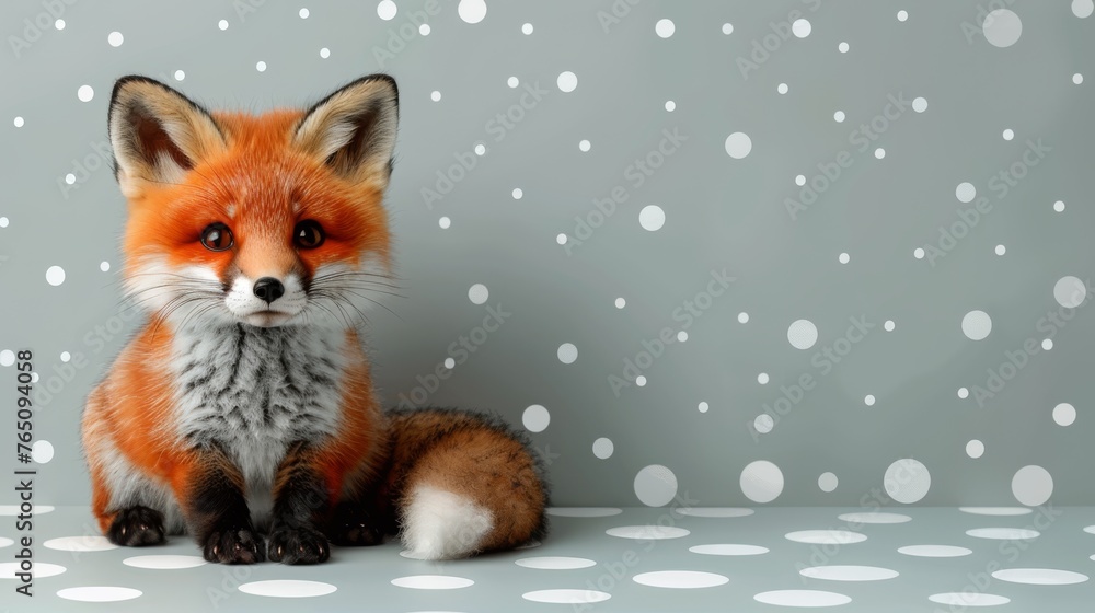 Fototapeta premium a red fox sitting on top of a white and gray polka dot covered floor next to a polka dot wall.