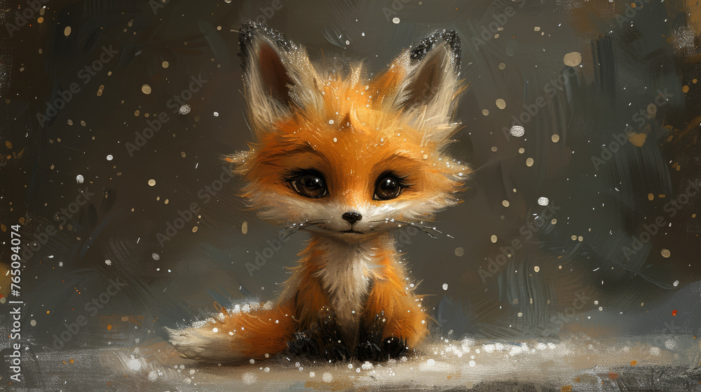 Fototapeta premium a painting of a little fox sitting in the snow with it's eyes open and it's mouth wide open.