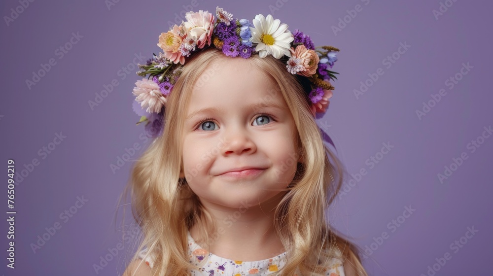 Adorable blond little girl wearing flowers in her hair. Isolated on purple background Adorable blond little girl wearing flowers in her hair. Isolated on purple background