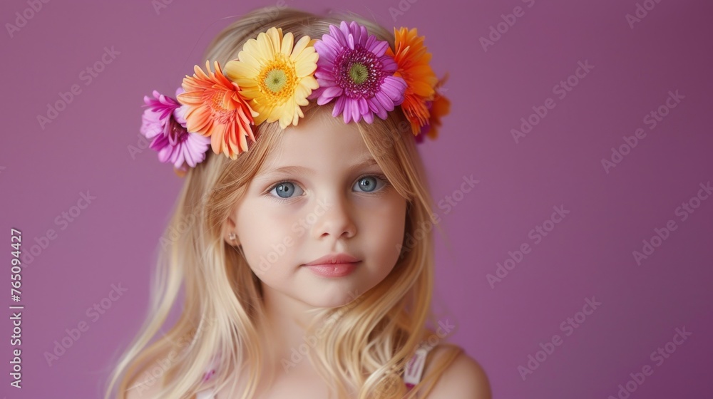 Adorable blond little girl wearing flowers in her hair. Isolated on purple background Adorable blond little girl wearing flowers in her hair. Isolated on purple background