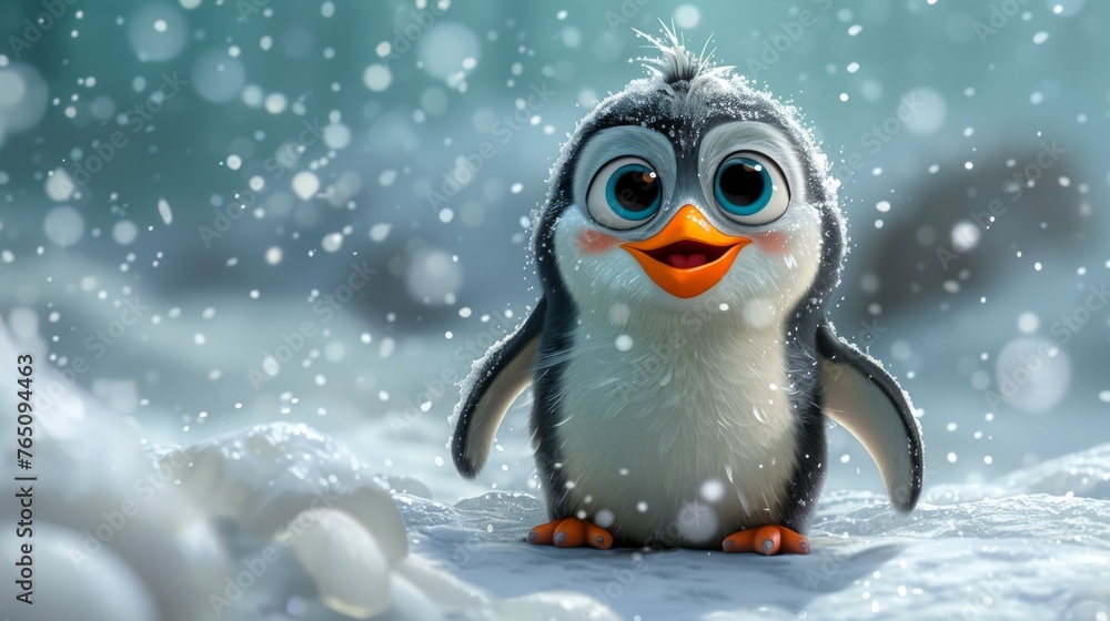 a cute little penguin with big blue eyes standing in the snow with snow flakes on it's face. a cute little penguin with big blue eyes standing in the snow with snow flakes on it's face.