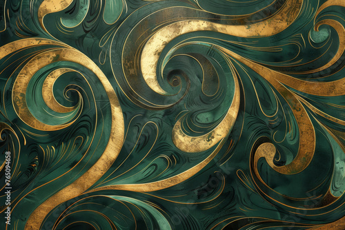 A luxury wallpaper pattern with a swirling design of emerald and gold