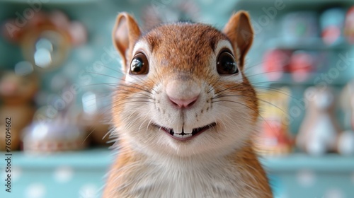  a close up of a small animal with a smile on it's face and a shelf in the background.