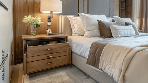 Modern bedroom with a bedside table drawer that opens up to reveal hidden compartments for storing personal items and valuables