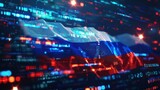 blue Russian flag is displayed on a computer screen. The visual effect lighting enhances the projection, creating a captivating display