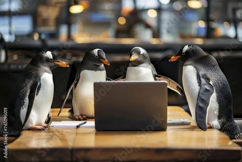 Penguins business meeting, working on their laptops in modern office, teamwork and wildlife concept © Sunday Cat Studio