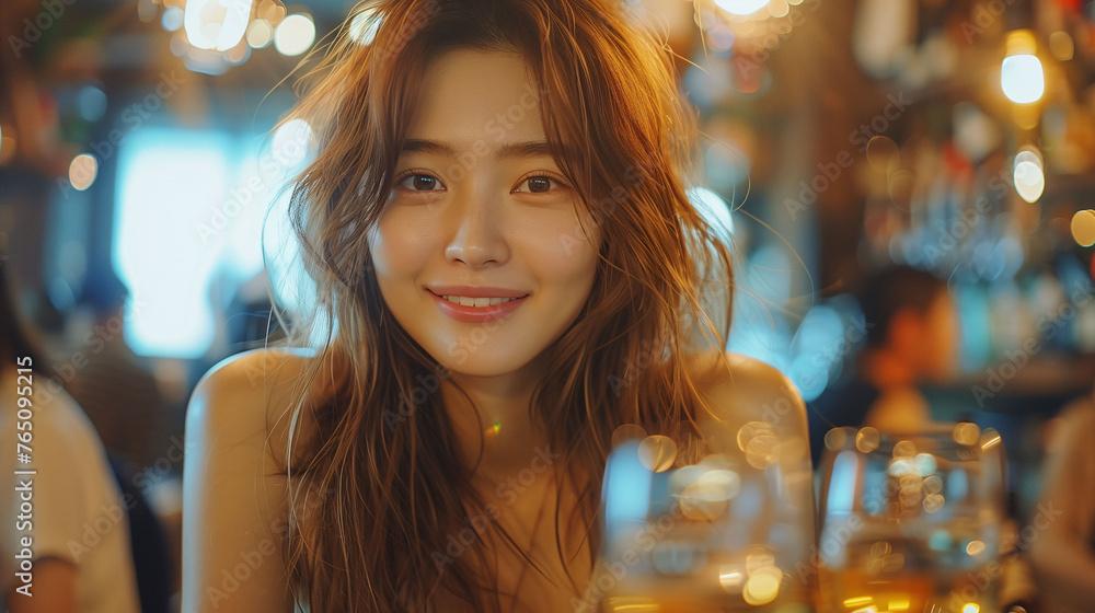 Young woman with warm smile and wine on a winter evening experience in a lively bar. Relaxing fun time with alcohol concept. Young woman with warm smile and wine on a winter evening experience in a lively bar. Relaxing fun time with alcohol concept.