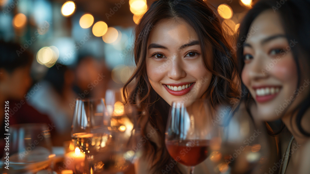 Friends toasting wine in cozy bar. Joyful friends enjoying wine together. Friendly cheers with wine in a lively bar. Friends toasting wine in cozy bar. Joyful friends enjoying wine together. Friendly cheers with wine in a lively bar.